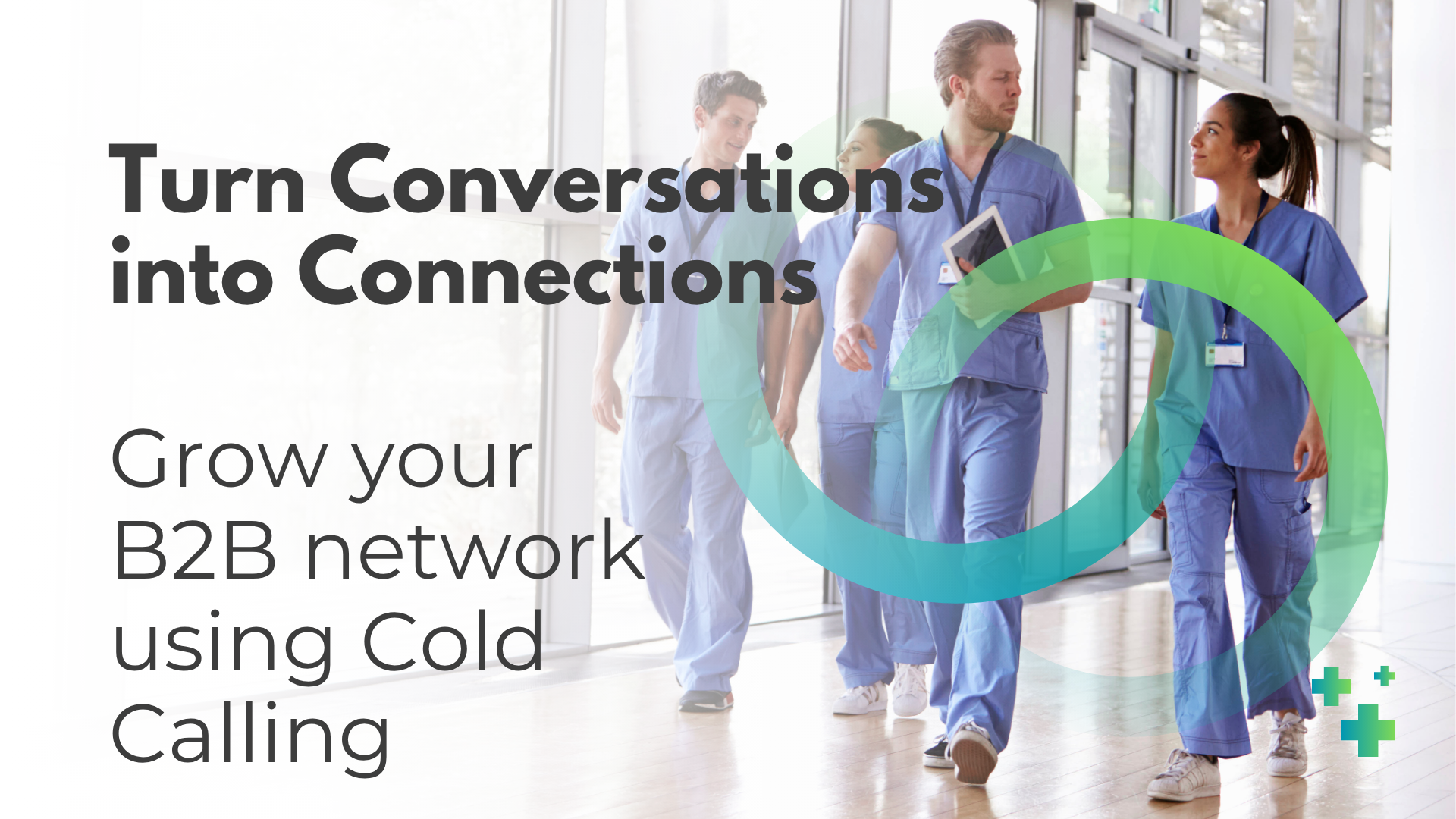 Young doctors in scrubs walking through a hospital corridor, engaged in a professional discussion