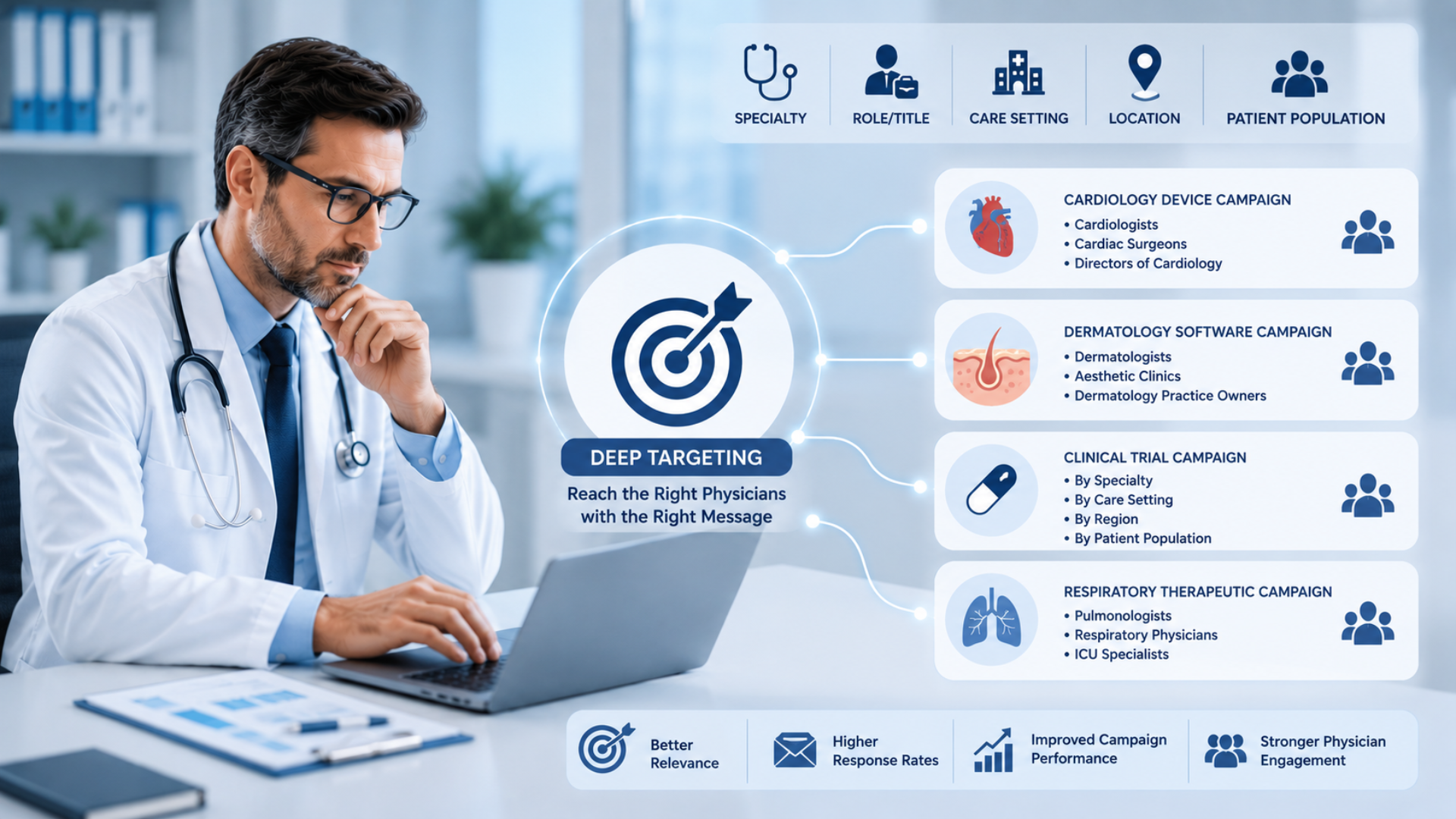 Healthcare targeting diagram showing specialty, role, care setting and location filters applied to specialty campaign examples