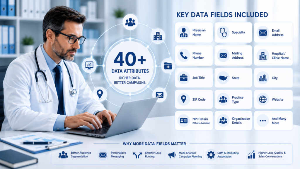 Healthcare contact data record showing fields such as physician name, specialty, email address, phone number, hospital name and NPI details